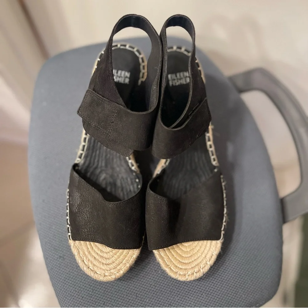 Eileen Fisher Black Wedge Leather Espadrille Sandals with Ankle Strap